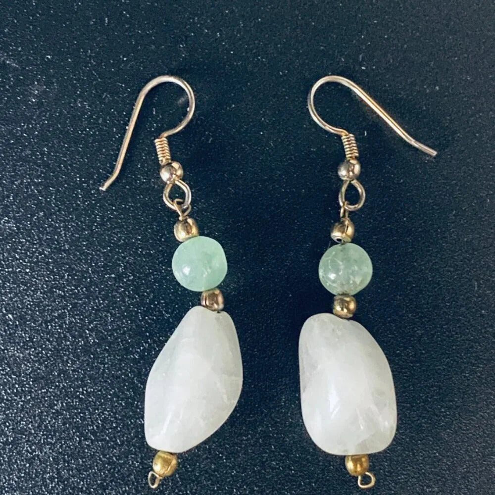 EarringsNatural White Quartz & Green Nephrite Stone Dangle Earrings