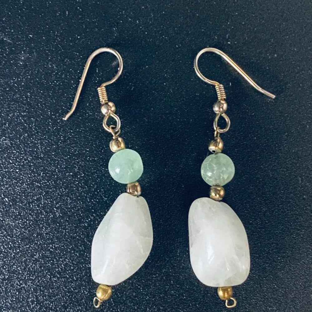 EarringsNatural White Quartz & Green Nephrite Stone Dangle Earrings