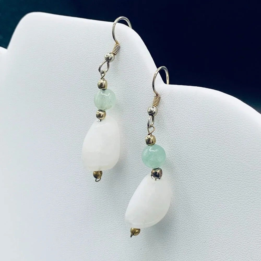 EarringsNatural White Quartz & Green Nephrite Stone Dangle Earrings