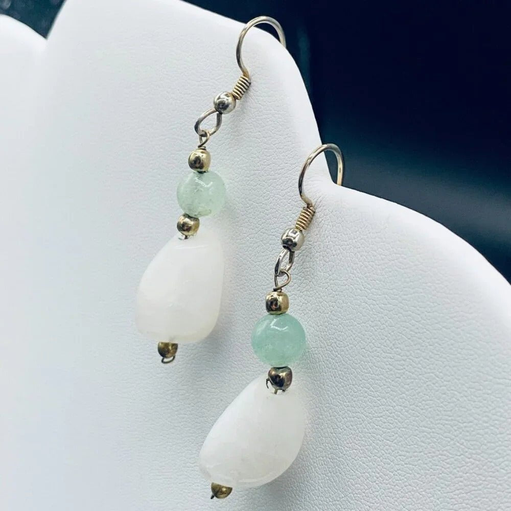 EarringsNatural White Quartz & Green Nephrite Stone Dangle Earrings