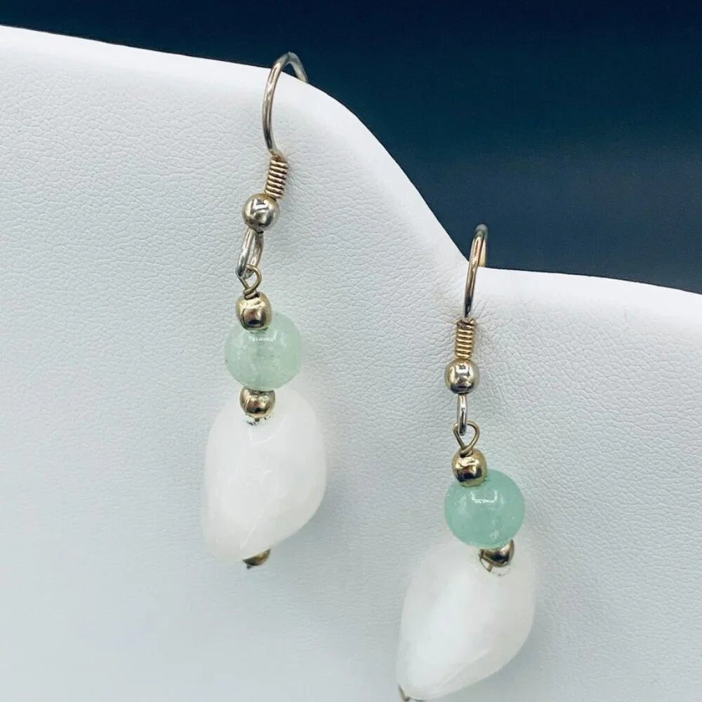 EarringsNatural White Quartz & Green Nephrite Stone Dangle Earrings