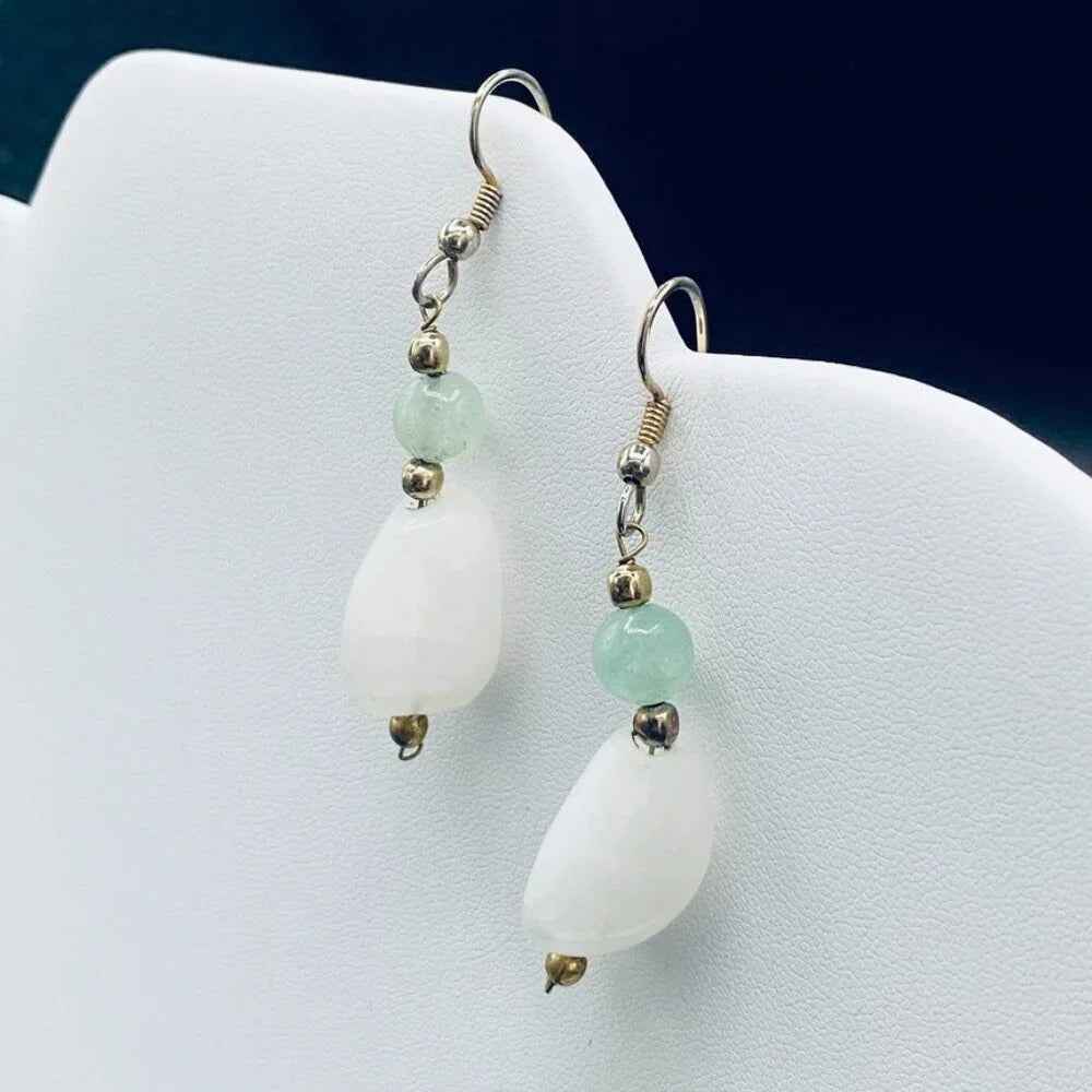 EarringsNatural White Quartz & Green Nephrite Stone Dangle Earrings