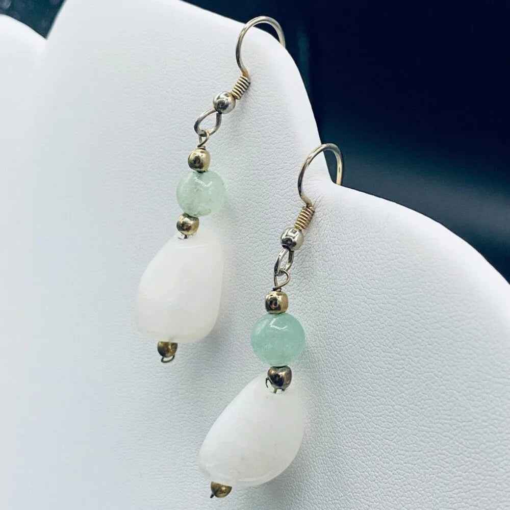 EarringsNatural White Quartz & Green Nephrite Stone Dangle Earrings
