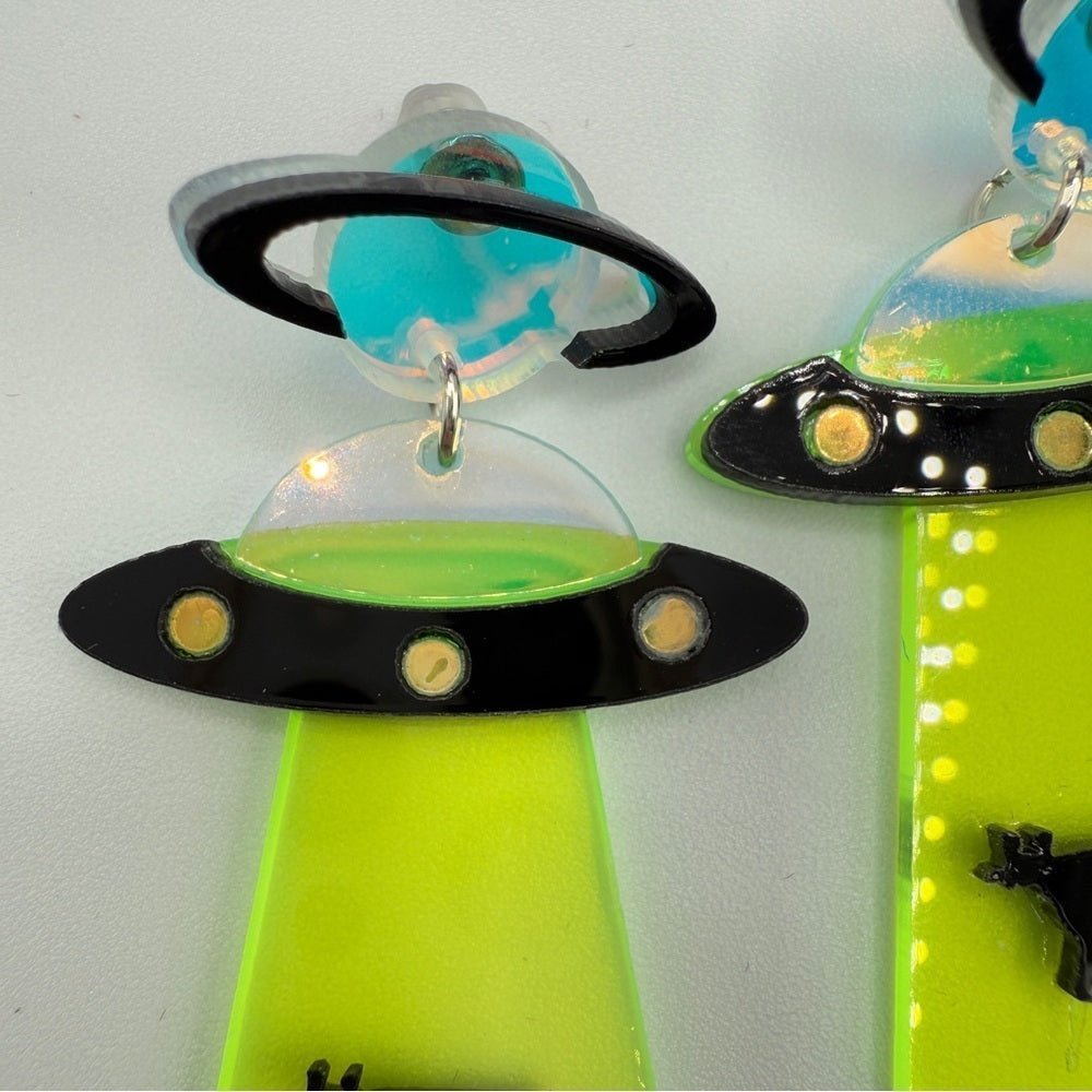 EarringsNeon Green Alien Cow Spaceship Novelty Earrings