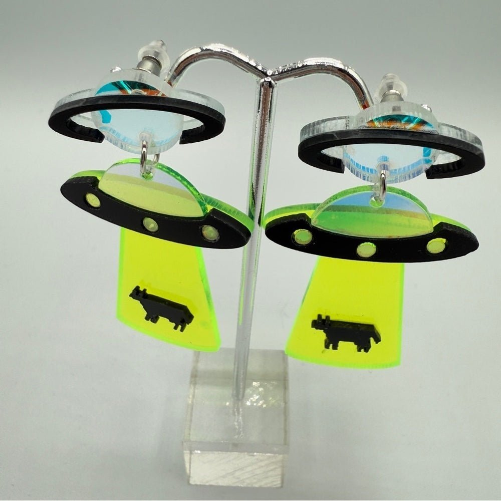 EarringsNeon Green Alien Cow Spaceship Novelty Earrings