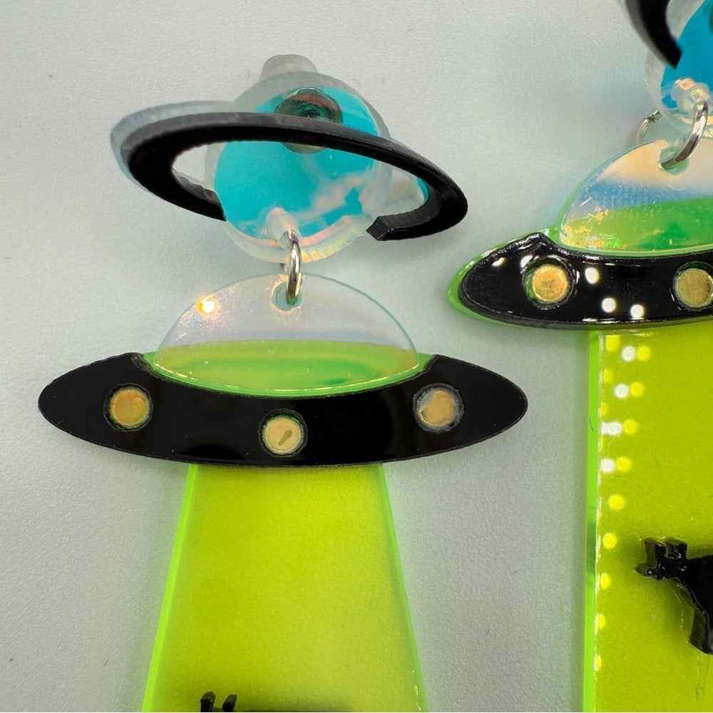 EarringsNeon Green Alien Cow Spaceship Novelty Earrings