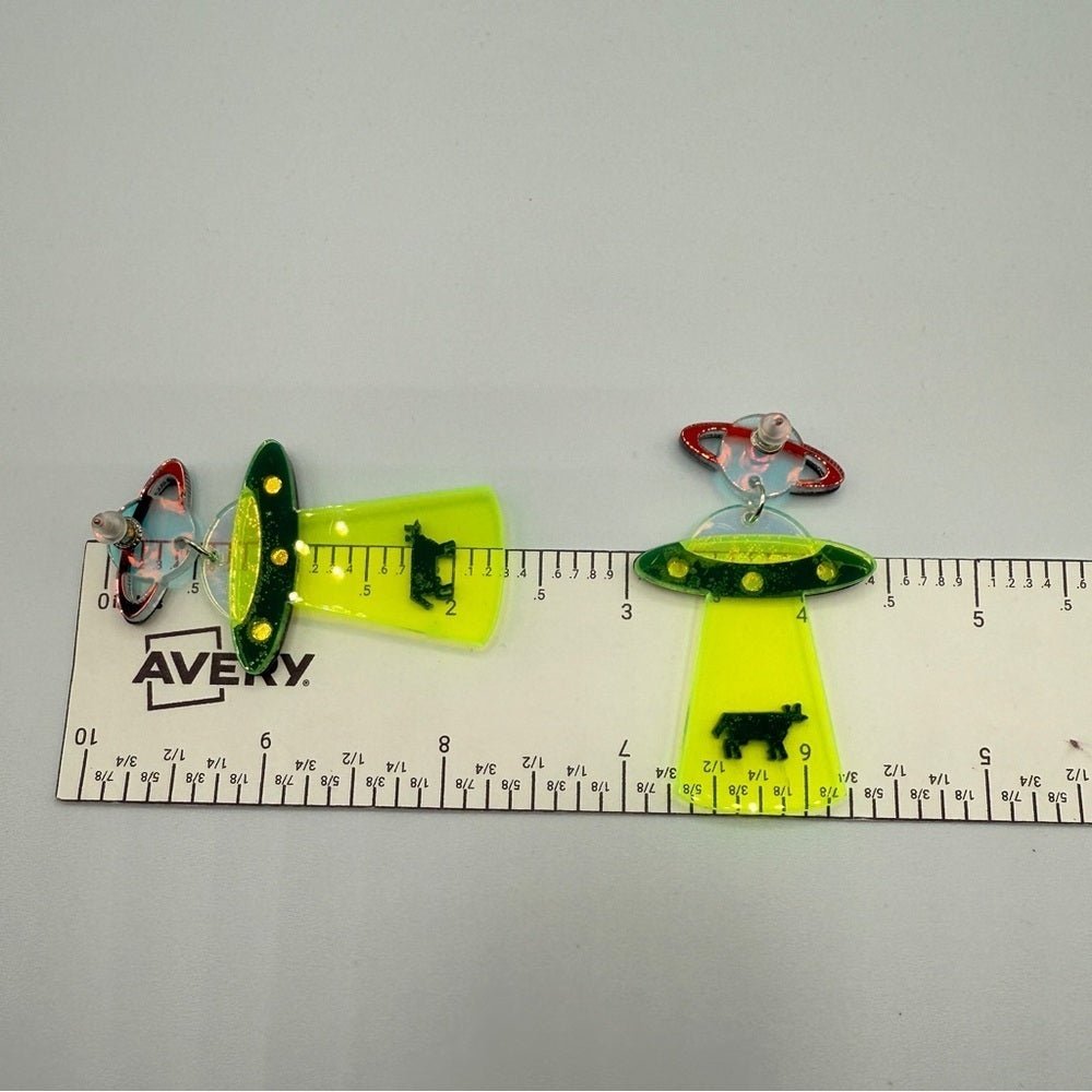 EarringsNeon Green Alien Cow Spaceship Novelty Earrings
