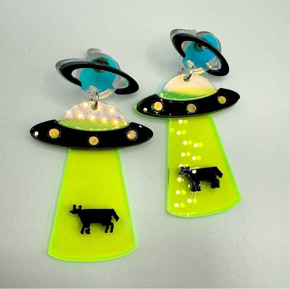 EarringsNeon Green Alien Cow Spaceship Novelty Earrings