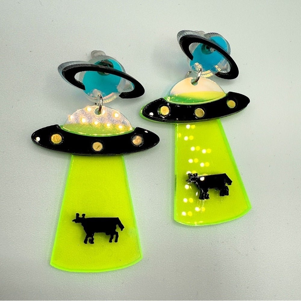 EarringsNeon Green Alien Cow Spaceship Novelty Earrings