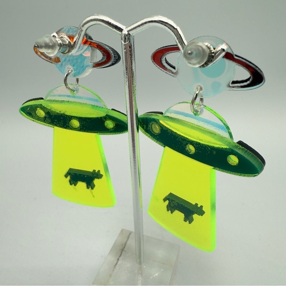 EarringsNeon Green Alien Cow Spaceship Novelty Earrings