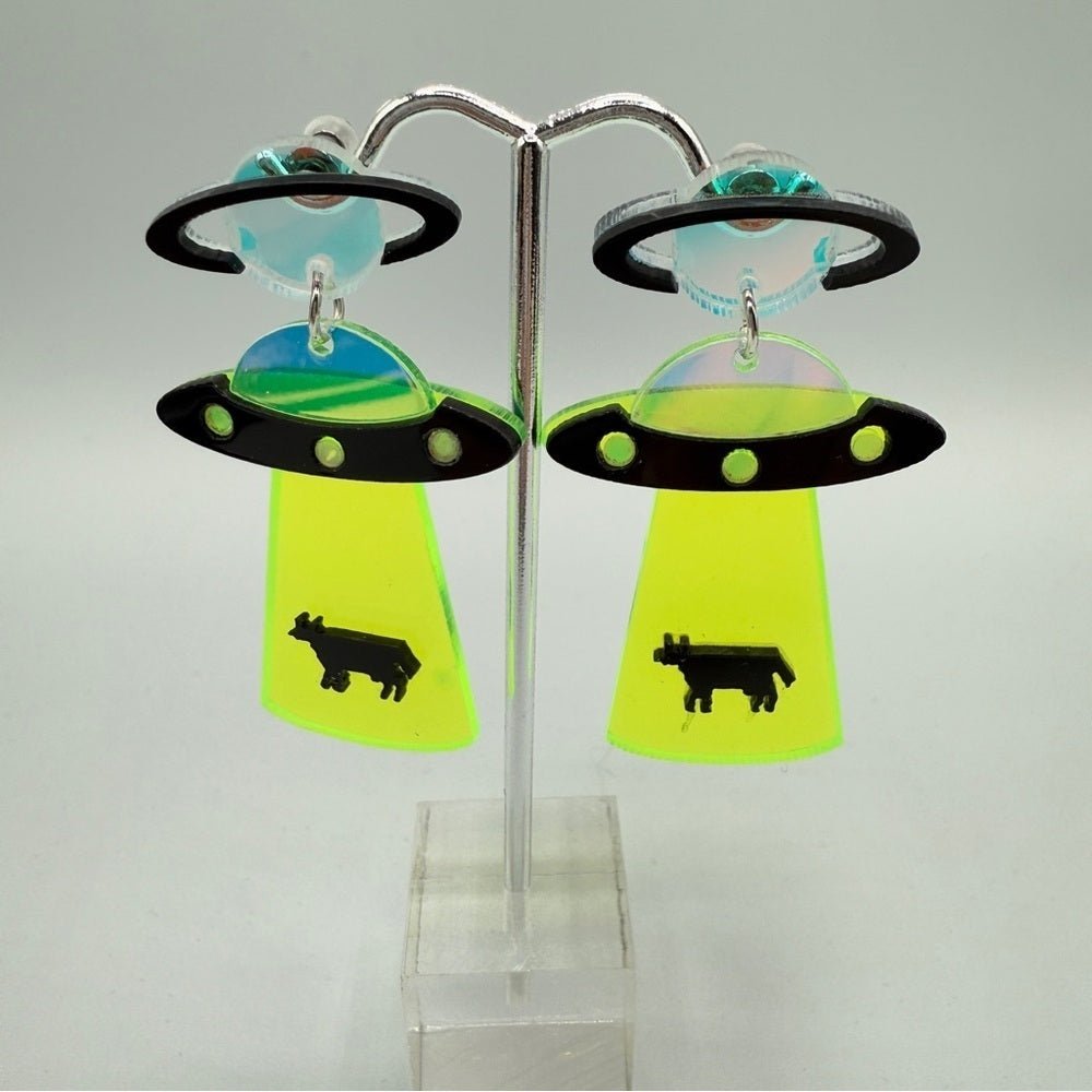 EarringsNeon Green Alien Cow Spaceship Novelty Earrings