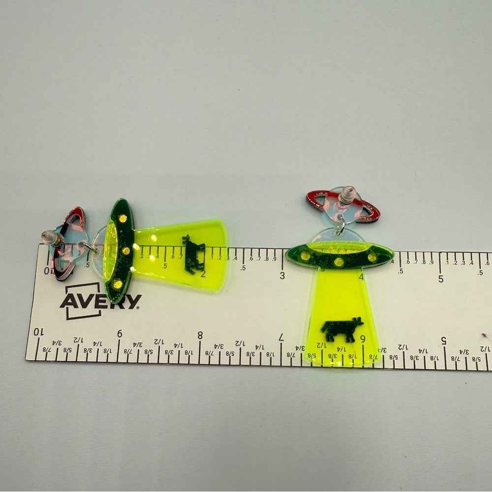 EarringsNeon Green Alien Cow Spaceship Novelty Earrings