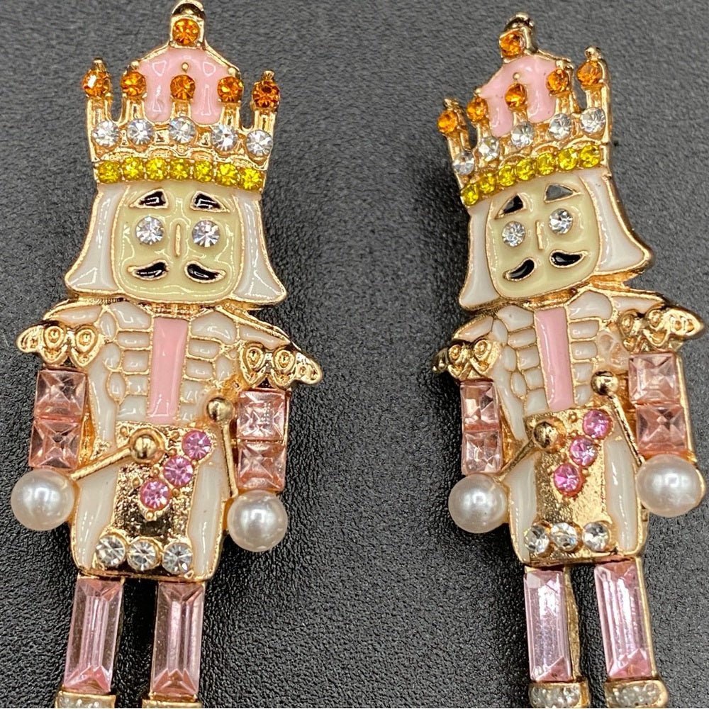 EarringsNutcracker Sparkly Rhinestone Pink Colored Christmas Holiday Earrings