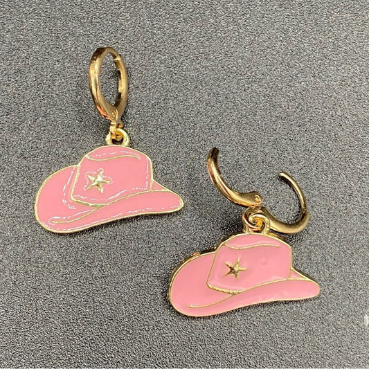 EarringsPink Cowgirl Hat Huggie Earrings — Enamel Rodeo Style
