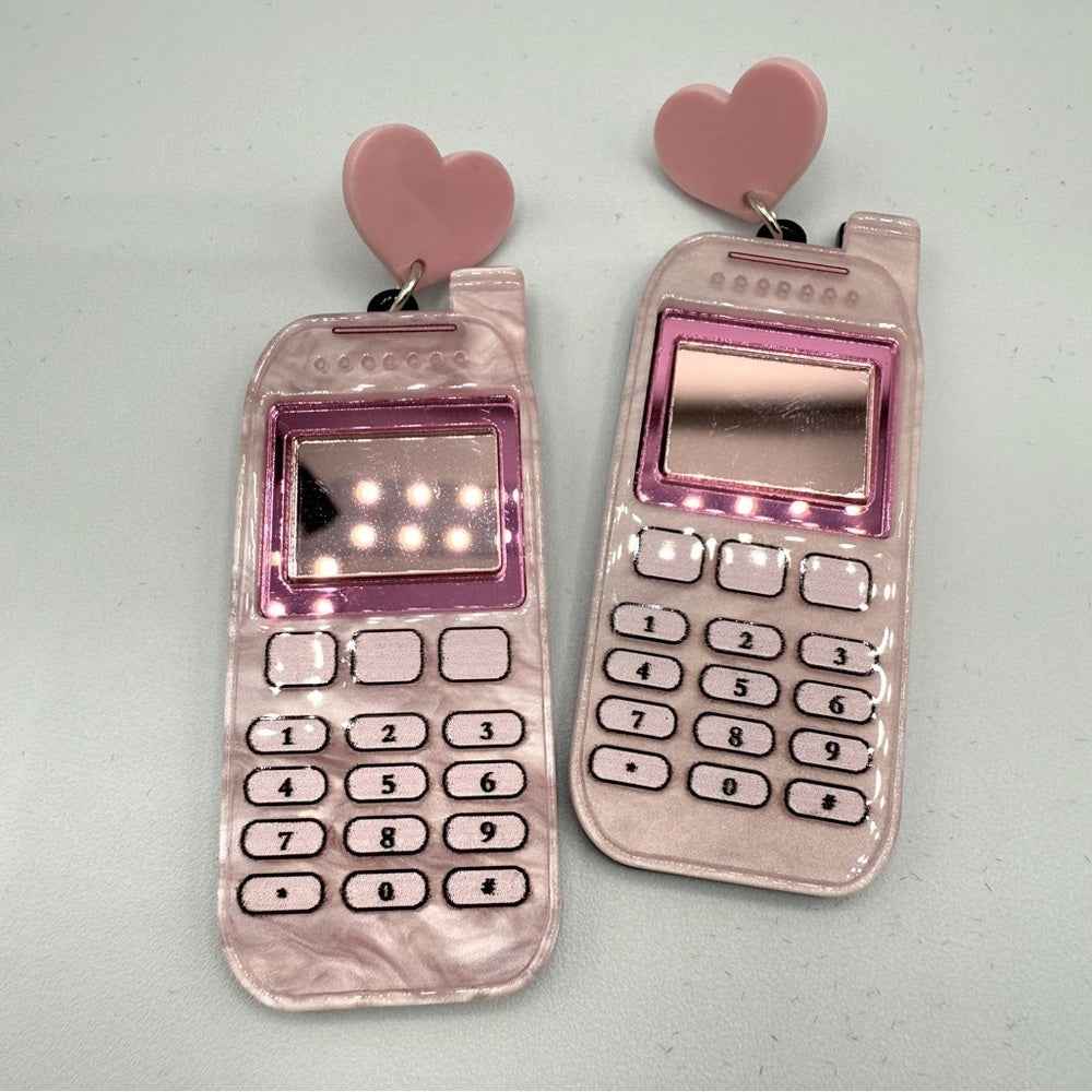EarringsPink Heart Cell Phone Acrylic Earrings - Pierced