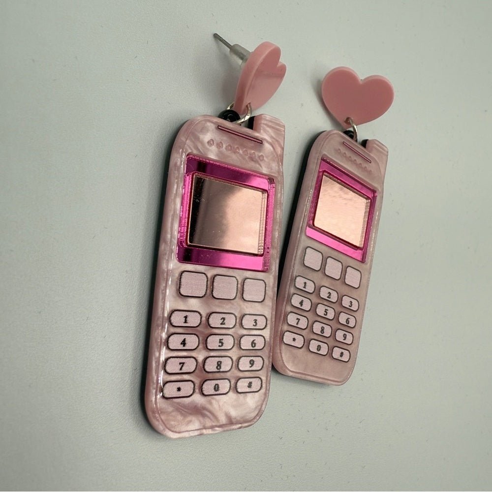 EarringsPink Heart Cell Phone Acrylic Earrings - Pierced
