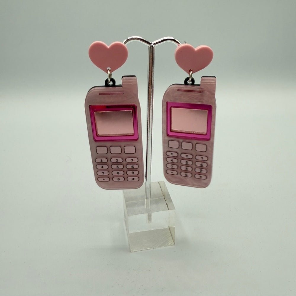 EarringsPink Heart Cell Phone Acrylic Earrings - Pierced
