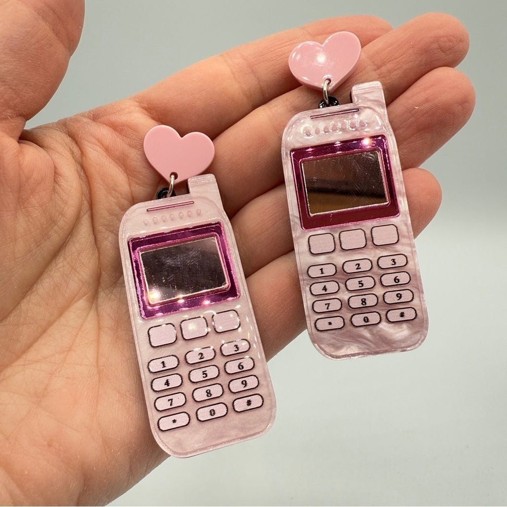 EarringsPink Heart Cell Phone Acrylic Earrings - Pierced