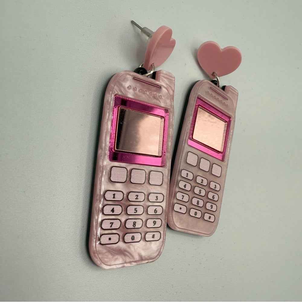EarringsPink Heart Cell Phone Acrylic Earrings - Pierced
