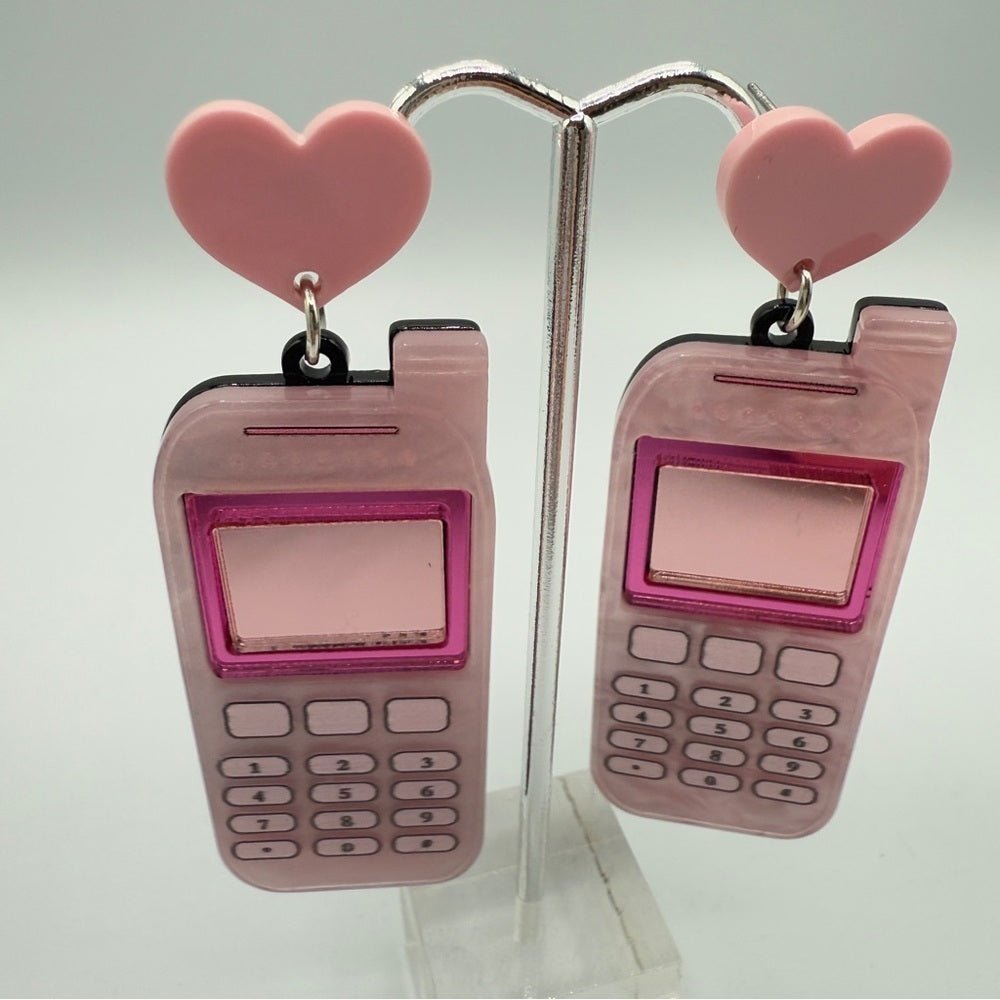 EarringsPink Heart Cell Phone Acrylic Earrings - Pierced