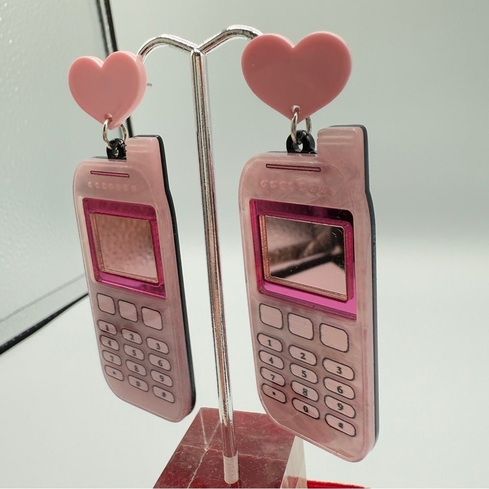 EarringsPink Heart Cell Phone Acrylic Earrings - Pierced