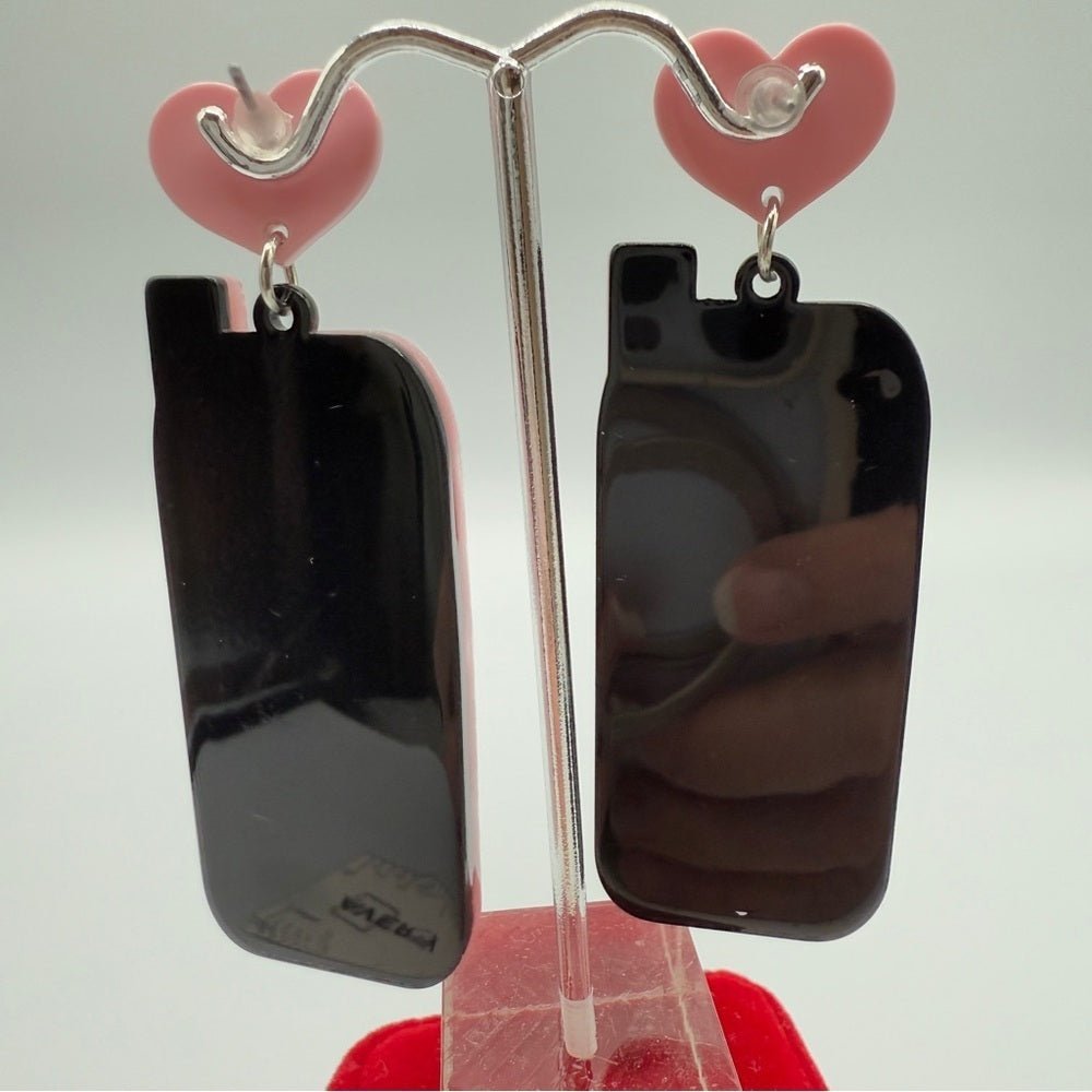 EarringsPink Heart Cell Phone Acrylic Earrings - Pierced