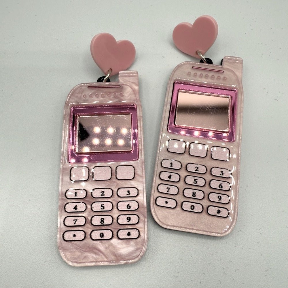 EarringsPink Heart Cell Phone Acrylic Earrings - Pierced