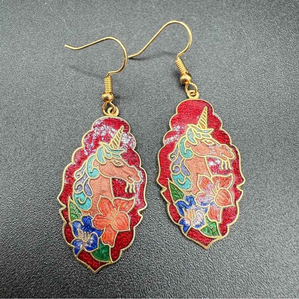 EarringsRare Cloisonné Unicorn Dangle Earrings — Red, Gold & Blue Enamel