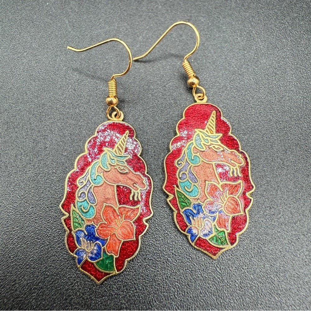 EarringsRare Cloisonné Unicorn Dangle Earrings — Red, Gold & Blue Enamel