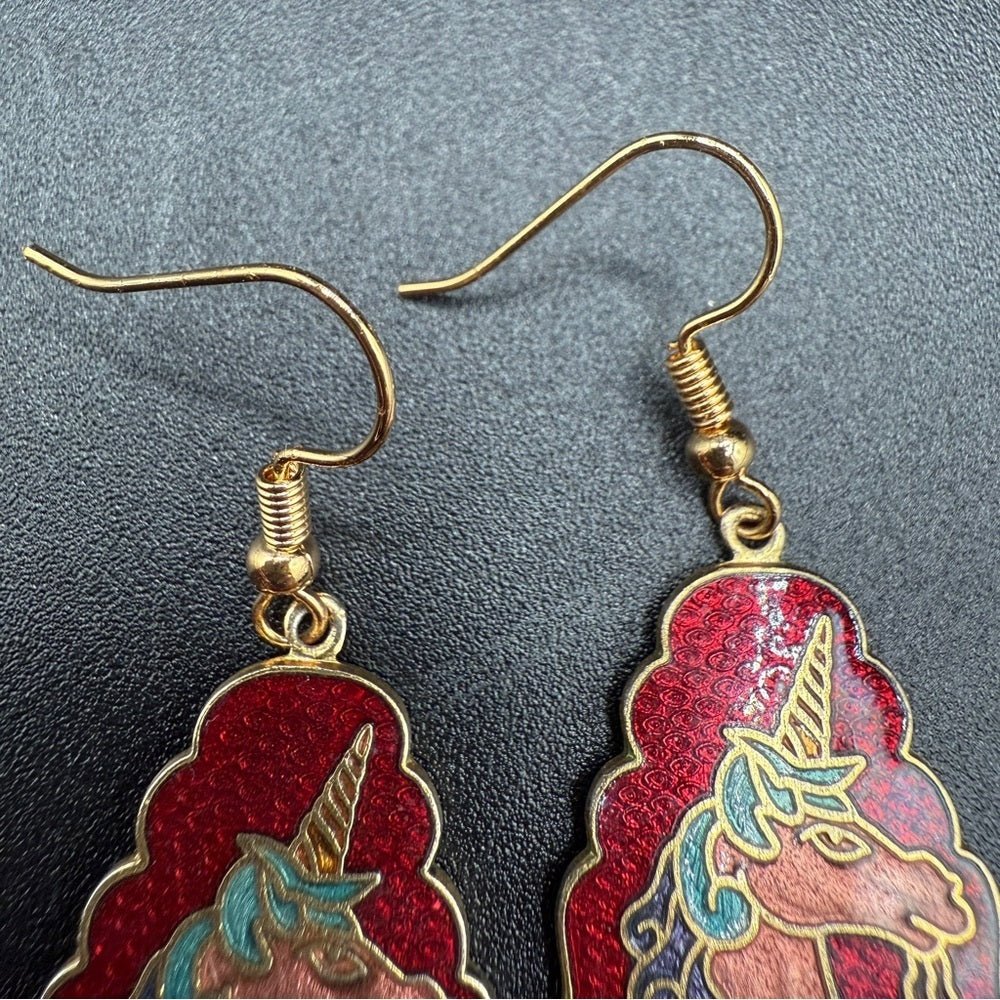 EarringsRare Cloisonné Unicorn Dangle Earrings — Red, Gold & Blue Enamel