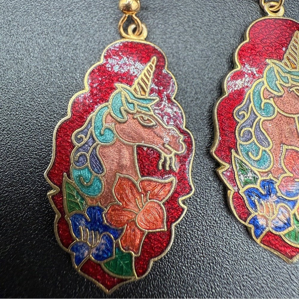 EarringsRare Cloisonné Unicorn Dangle Earrings — Red, Gold & Blue Enamel