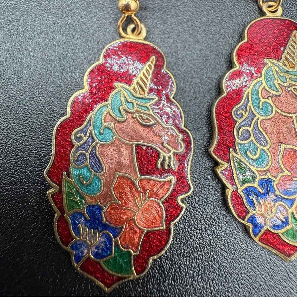 EarringsRare Cloisonné Unicorn Dangle Earrings — Red, Gold & Blue Enamel
