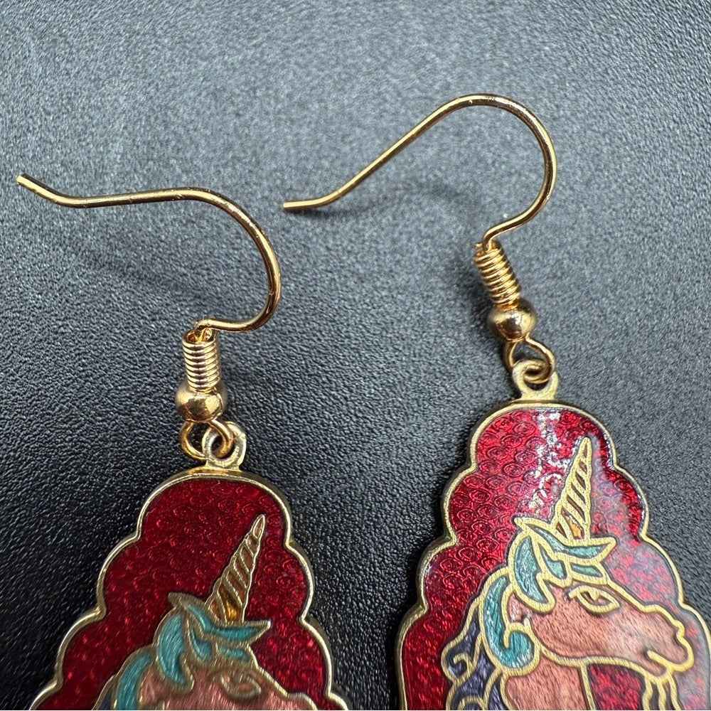 EarringsRare Cloisonné Unicorn Dangle Earrings — Red, Gold & Blue Enamel