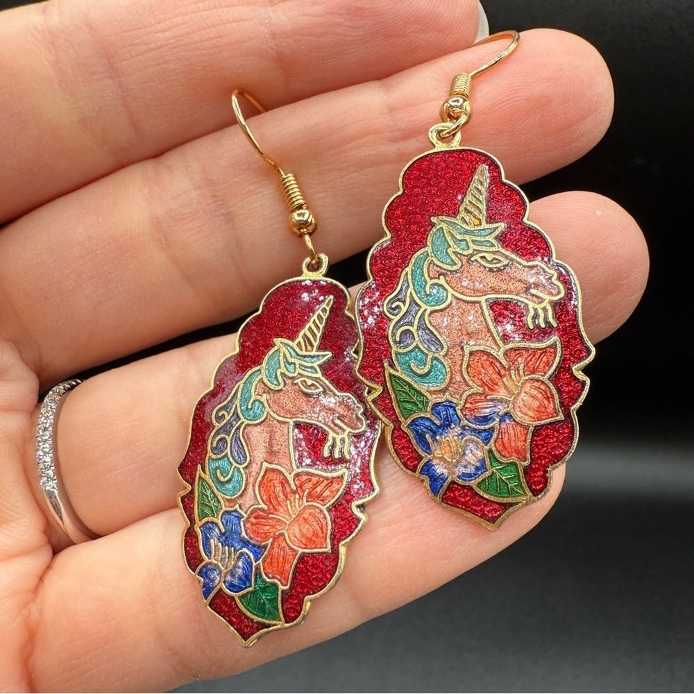 EarringsRare Cloisonné Unicorn Dangle Earrings — Red, Gold & Blue Enamel