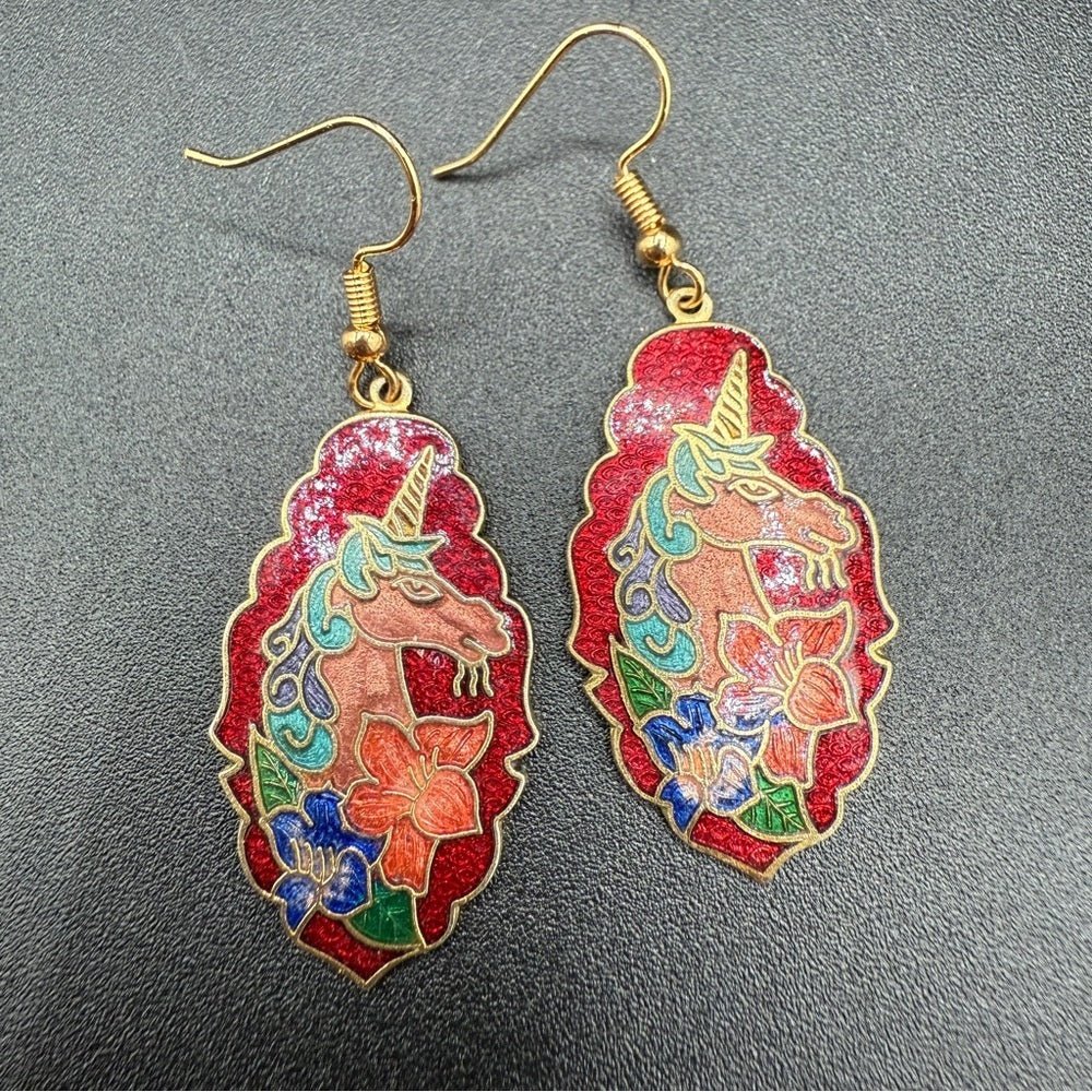 EarringsRare Cloisonné Unicorn Dangle Earrings — Red, Gold & Blue Enamel
