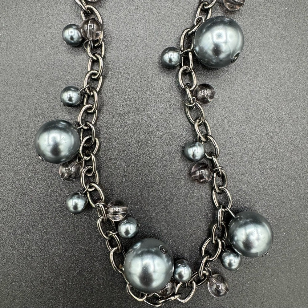 NecklaceSatin Grey and Gunmetal Chunky Beaded Long Necklace