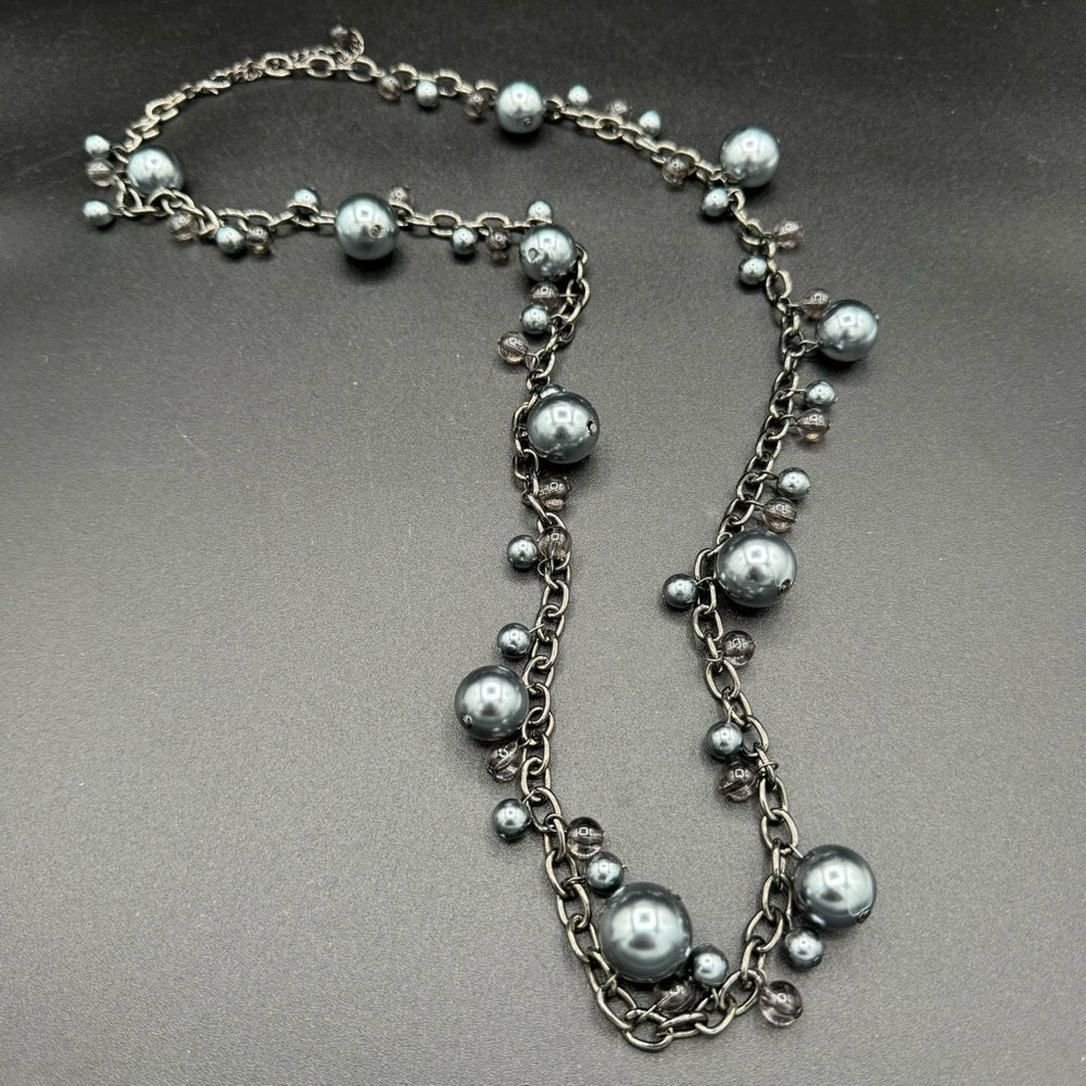 NecklaceSatin Grey and Gunmetal Chunky Beaded Long Necklace