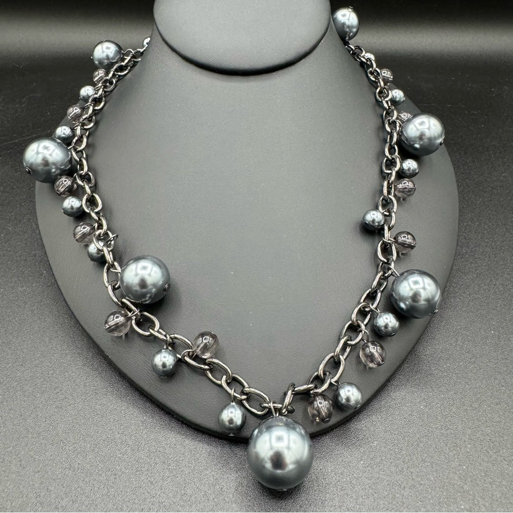 NecklaceSatin Grey and Gunmetal Chunky Beaded Long Necklace