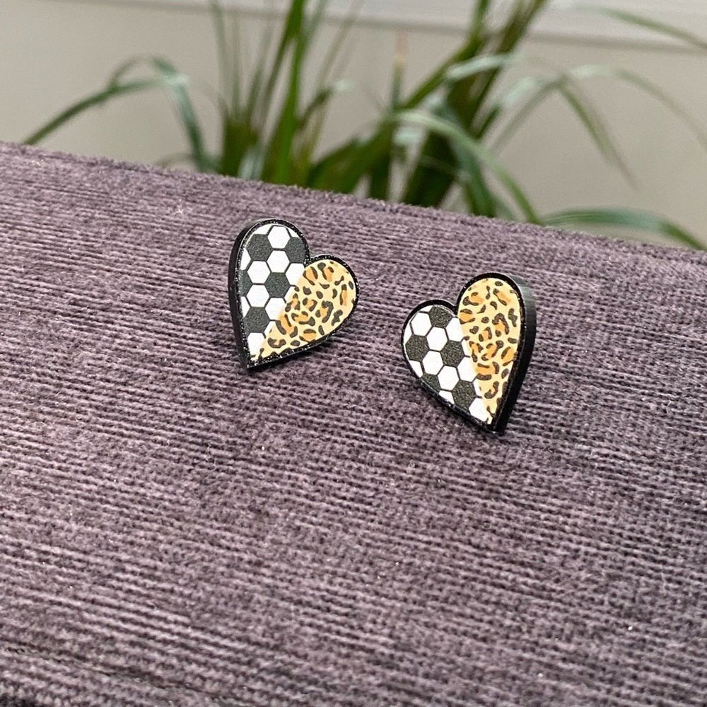 EarringsSoccer Heart Stud Earrings — Leopard Print Accent