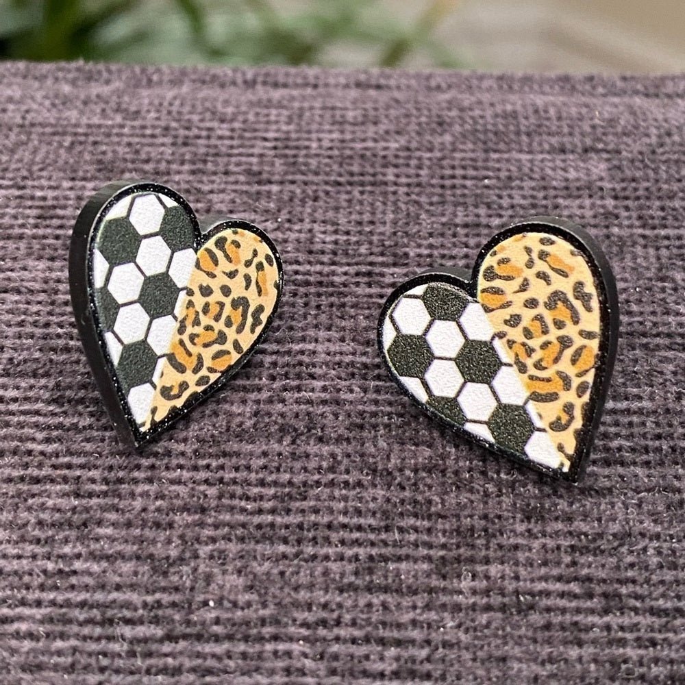 EarringsSoccer Heart Stud Earrings — Leopard Print Accent