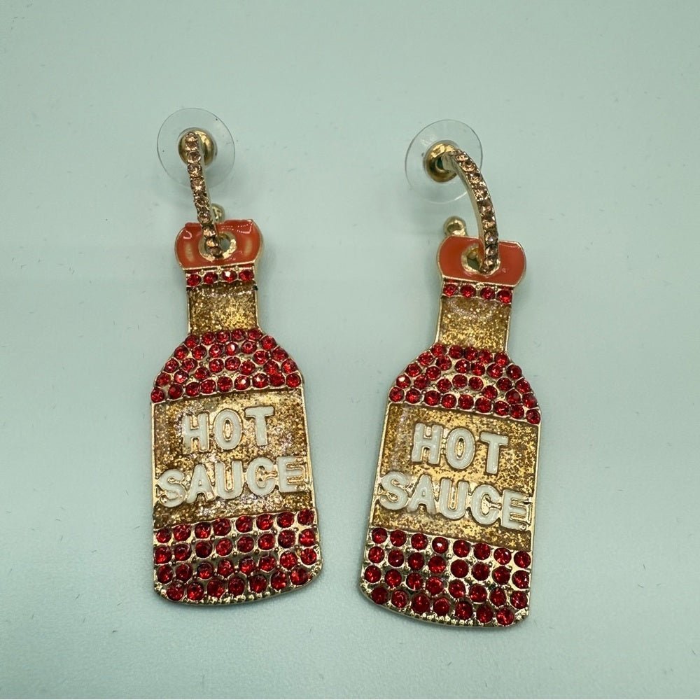 EarringsSparkly Hot Sauce Bottle Dangle Earrings — Red & Gold