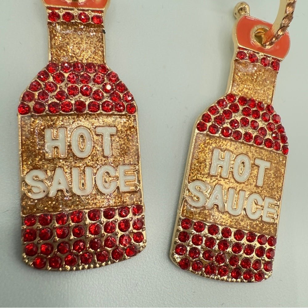 EarringsSparkly Hot Sauce Bottle Dangle Earrings — Red & Gold