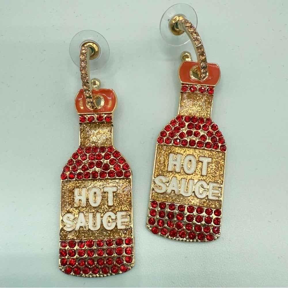 EarringsSparkly Hot Sauce Bottle Dangle Earrings — Red & Gold