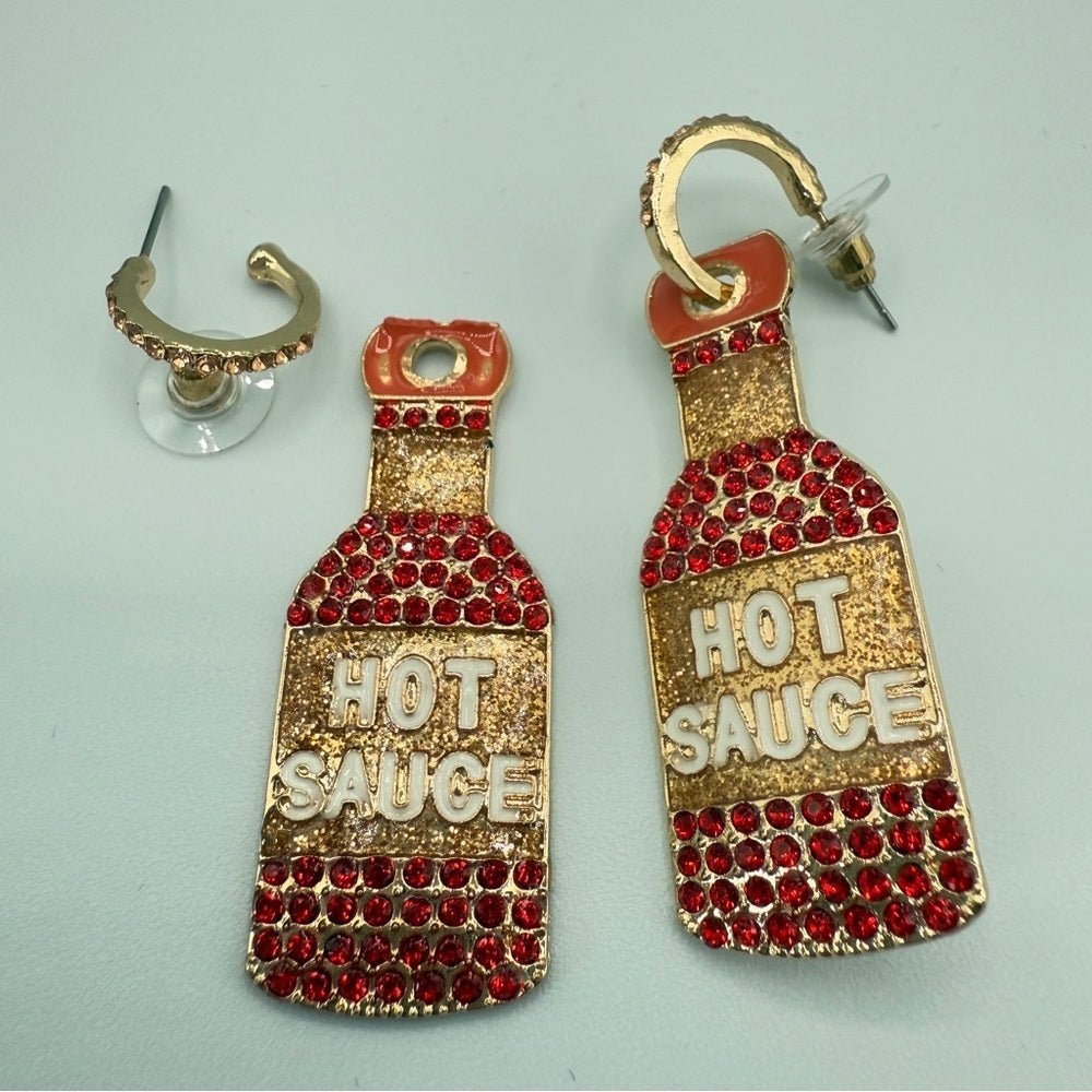 EarringsSparkly Hot Sauce Bottle Dangle Earrings — Red & Gold
