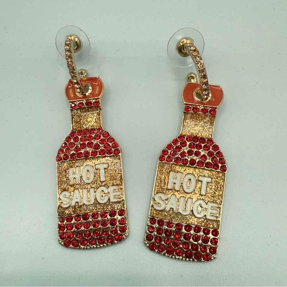 EarringsSparkly Hot Sauce Bottle Dangle Earrings — Red & Gold