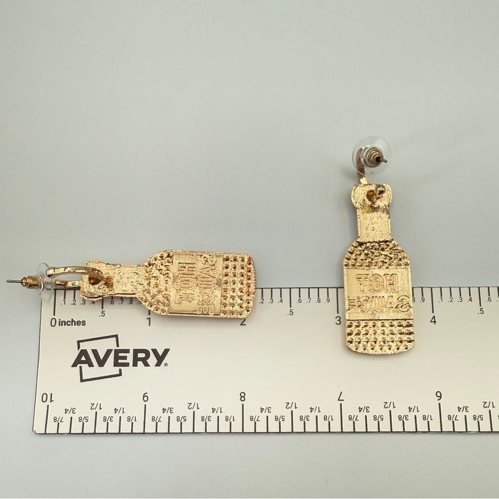 EarringsSparkly Hot Sauce Bottle Dangle Earrings — Red & Gold