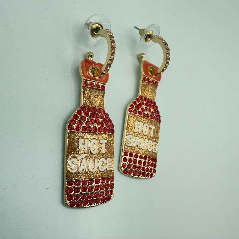 EarringsSparkly Hot Sauce Bottle Dangle Earrings — Red & Gold