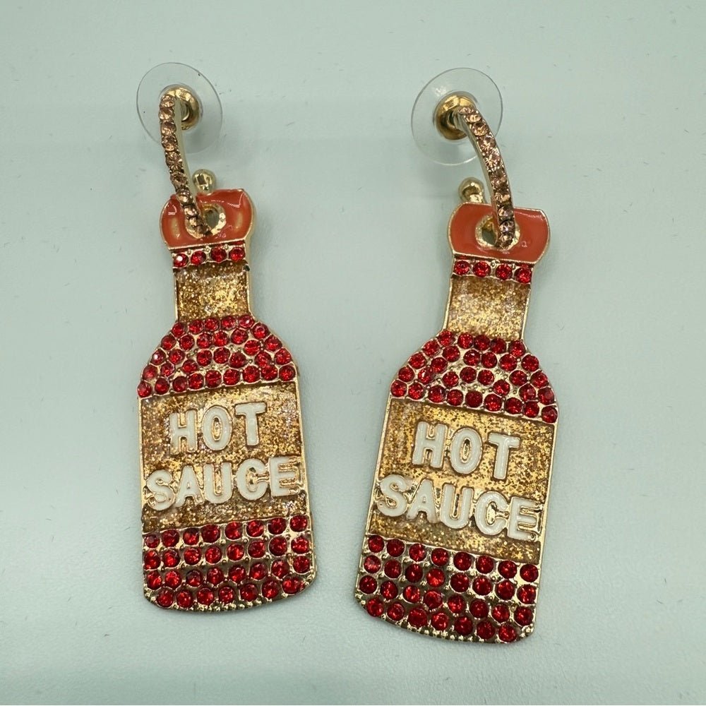 EarringsSparkly Hot Sauce Bottle Dangle Earrings — Red & Gold