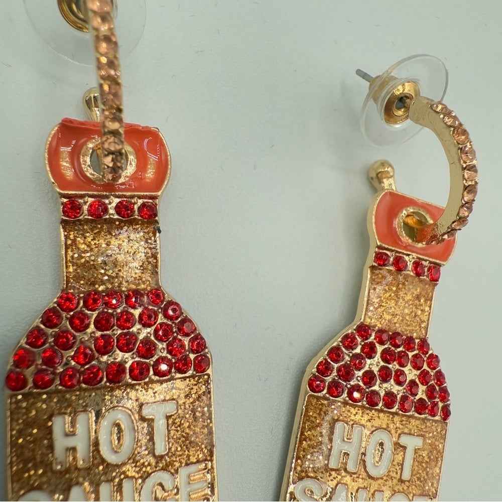 EarringsSparkly Hot Sauce Bottle Dangle Earrings — Red & Gold