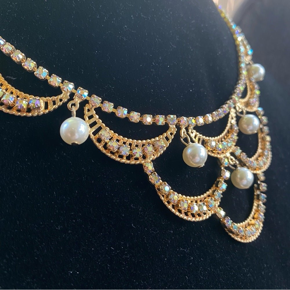 SetsStunning Crystal Rhinestone and Pearl Glitzy Bib Necklace and Earring Set